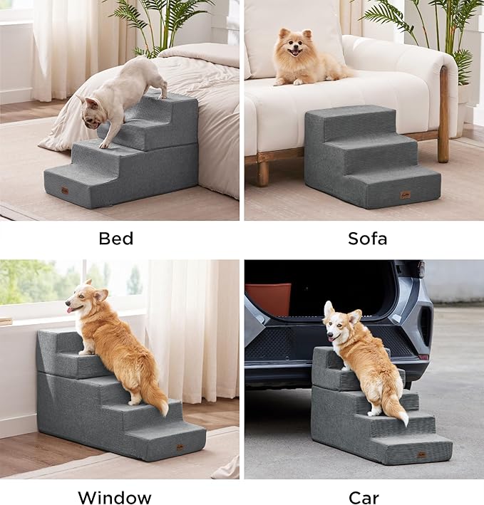 Made4Pets Dog Stairs for High Bed, Extra Wide Pet Stairs for Bed Couch Sofa, 35D Foam Pet Steps for Small Dogs and Cats, Non-Slip Bottom Dog Steps, Grey, 5 Steps