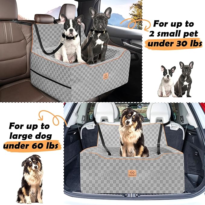 Large Dog Car Seat for Back Seat – Removable Dog Booster Seat & Washable Pet Car Seat for Medium & 2 Small Dogs up to 60lbs – Safety Straps & Storage Pocket – Travel & Home Use (Gray)