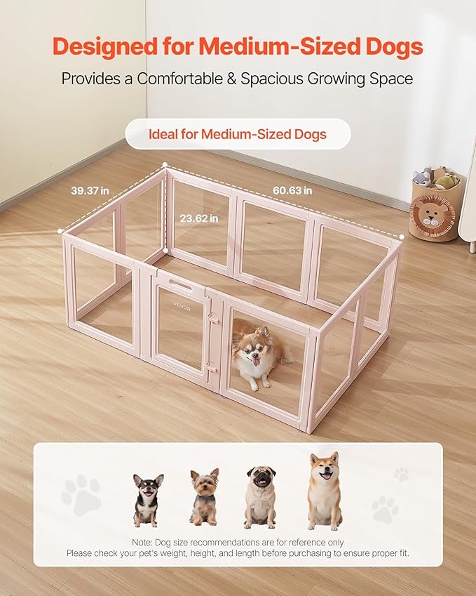 VEVOR Clear Acrylic Dog Playpen Indoor, 60x39x23 in Plastic Pet Playen for Medium Sized Dogs, Easy Assemble Waterproof Transparent Puppy Playpen, Easy to Clean, Durable Indoor Pet Dogs Cats Birth Kit