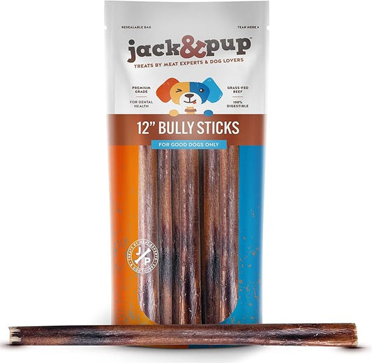 Jack&Pup 12 Inch Bully Sticks for Large Dogs | Thick Odor Free Bully Sticks (10 Pack) Long Lasting Bully Sticks for Dogs