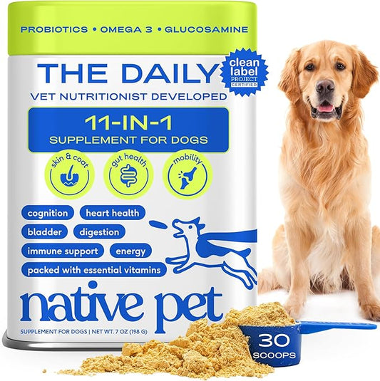 Native Pet Dog Vitamins & Supplements - 11-in-1 Multivitamin Powder for Dogs Food Topper - Collagen, Glucosamine, Probiotics, Omega & More- Supports Healthy Gut, Mobility & Overall Health -30 Scoops