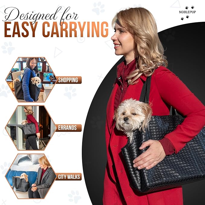 Luxury Woven Dog Purse Carrier for Small Dogs - Cozy Faux Leather, Dog Carrier Purse with Secure Harness Clip, Black Dog Tote Bag for Small Dogs and Puppies