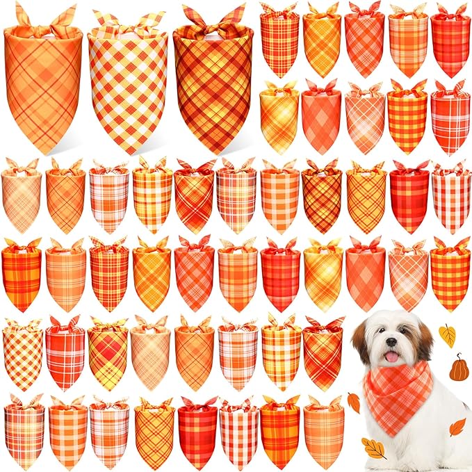 Abbylike 50 Pcs Fall Dog Bandanas Bulk Plaid Bandanas for Dogs Autumn Doggie Triangle Kerchief Scarf Bibs Set for Autumn Small Medium Large Pets Costume Accessories (19.7 x 13.8 x 13.8 Inch)