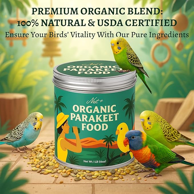 Premium Bird Seed Parakeet Food | Organic Parakeet Bird Seeds with Oat Groats, Amaranth & Super Veggies | Perfect Bird Food, Pretty Parrot & Budgie Food | Reusable Tin (1lb)
