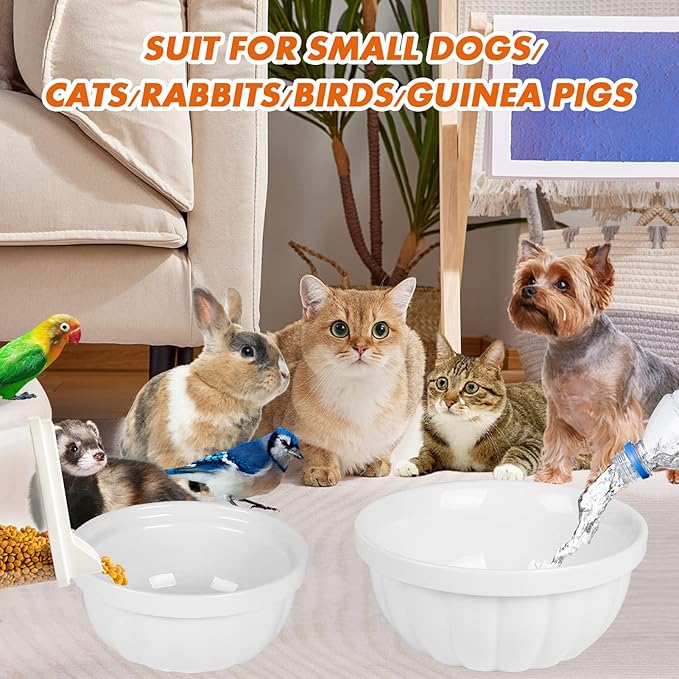 Dog Kennel Water Bowl, 2 Pack Ceramic Hanging Dog Crate Water Bowls No Spill, Removable Thick Tilted Cat Food/Water Bowls for Small Dogs, Cats, Rabbit, Guinea Pigs(5.7 * 2.4&4.7 * 2”)