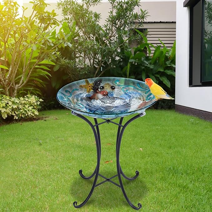 MUMTOP Glass Bird Bath, Bird Baths for Outdoors, Solar Birdfeeder with Metal Stand for Garden, Yard, Lawn Decor sea Turtle Pattern(Blue, 21.5"X18")