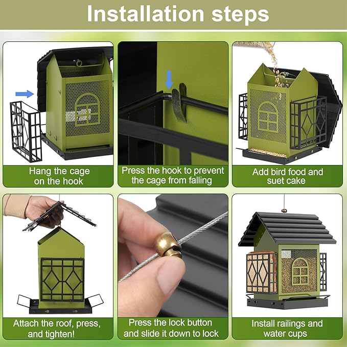Bird Feeder, Squirrel Proof Outdoor & Hanging Wild Bird Feeders, Large Capacity Metal Bird Feeder with Weatherproof Roof, Attracts Cardinals, Finches, Blue Jays (Green)