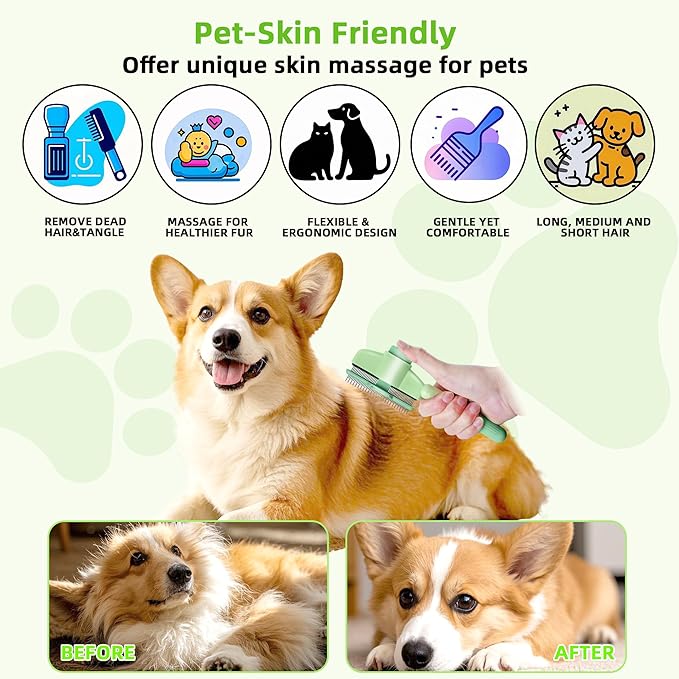 Pet Hair Removal Comb,New Cat Brush with Release Button,Pet Grooming Brush for Short&Long Pet Hair,Deshedding Brush for Pet (green)