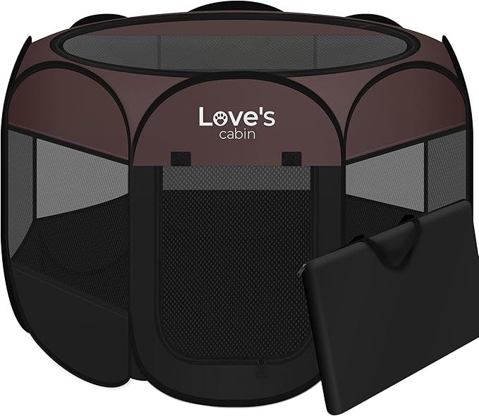 Love's cabin Pet Puppy Dog Playpen, Small Dog Tent Crates Cage Indoor/Outdoor, Portable Playpen for Cat, Foldable Pop Up Dog Kennel Playpen with Carring Case, Removable Zipper Top, Brown