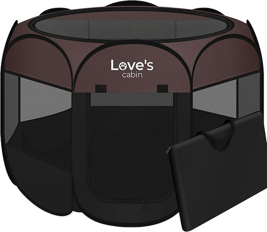 Love's cabin Pet Puppy Dog Playpen, Medium Dog Tent Crates Cage Indoor/Outdoor, Portable Playpen for Cat, Foldable Pop Up Dog Kennel Playpen with Carring Case, Removable Zipper Top, Brown
