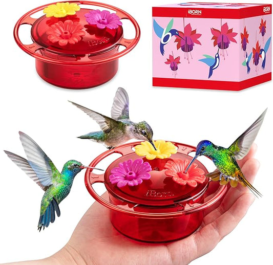 iBorn Handheld Hummingbird Feeders for Outdoors, Hummingbird Hand Feeder 3OZ Mini Bird Feeders for Outdoors, 3 Bee Guard Feeding Ports, Silicone Flower, Red (Set of 2)