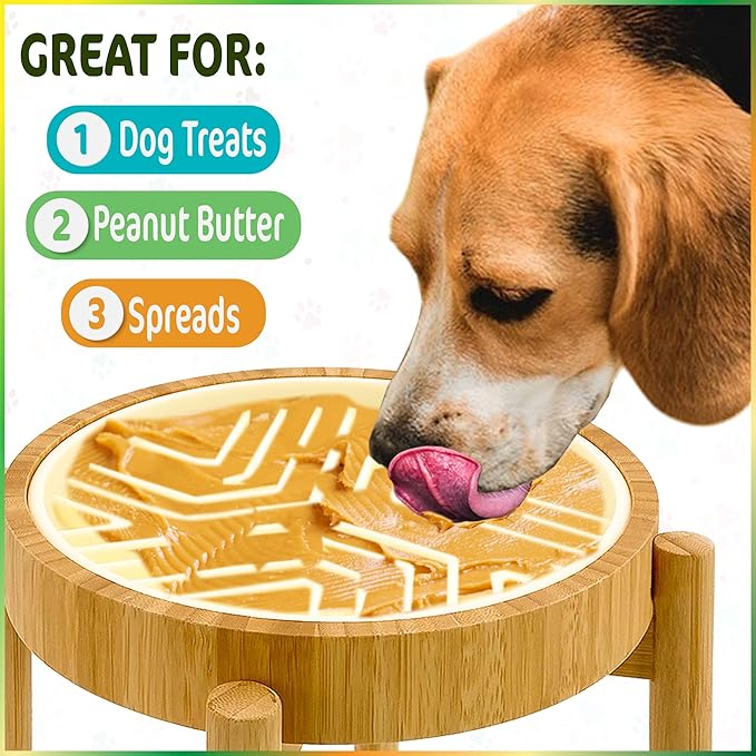 Raised Slow Feeder, Licking Mat/Pad - Suitable for Wet and Dry Dog Foods, Butter and Spreads - 10-inch High with Stand, 8.6-inch, Detachable Parts - Bamboo