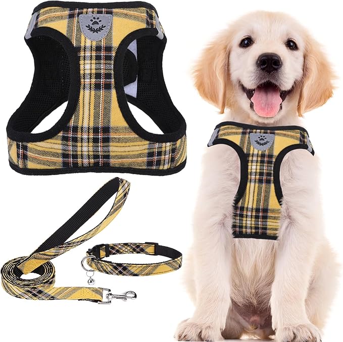 PUPTECK Adjustable Dog Harness Collar and Leash Set Step in No Pull Pet Harness for Small Medium Dogs Puppy and Cats Outdoor Walking Running, Soft Mesh Padded Reflective Vest Harnesses, Yellow, XL