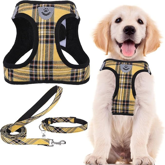 PUPTECK Adjustable Dog Harness Collar and Leash Set Step in No Pull Pet Harness for Small Medium Dogs Puppy and Cats Outdoor Walking Running, Soft Mesh Padded Reflective Vest Harnesses, Yellow, XL