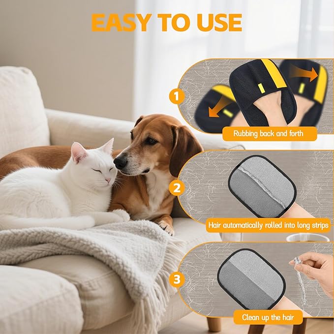 Pet Hair Remover Gloves for Cats & Dogs, 2025 Upgraded Electrostatic Grooming Gloves – Reusable Pet Hair Remover Tool for Couch Carpet Car Seat & Clothing, Easy to Clean (2Pcs)
