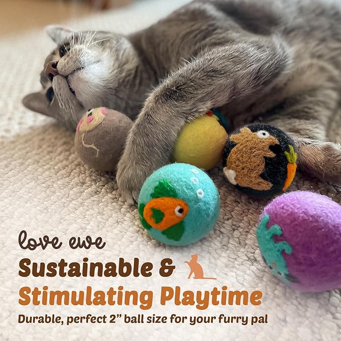 Hustle & Blush Wool Felt Balls - 3 Pack Love Ewe Pet Supplies – 2in Colorful & Durable Cat Toys Handmade from New Zealand, Ideal for Indoor Play and Mental Stimulation – Duck & Bunny Design