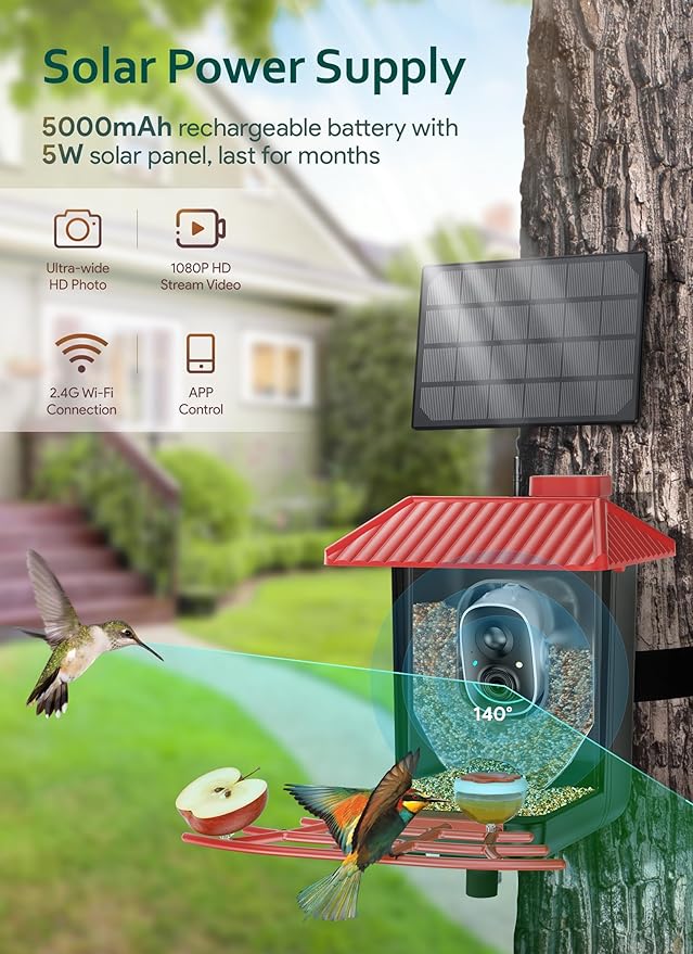 Osoeri Bird Feeder with Camera, Smart AI Identify Wild Bird Feeders Camera, 1080P Auto Capture Bird's Video & Motion Detection, with DIY Add-ons & Hummingbird Feeder, Gifts for Bird Lover (Red Black)