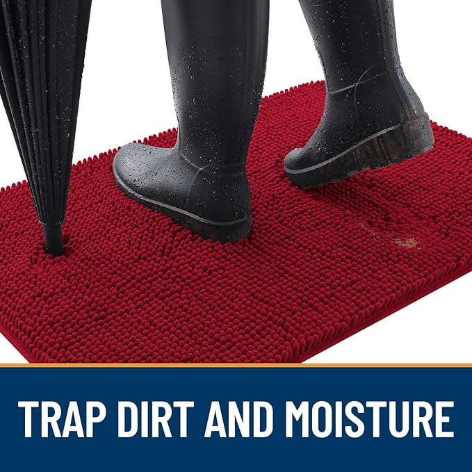 OLANLY Dog Door Mat for Muddy Paws 30x20, Absorbs Moisture and Dirt, Absorbent Non-Slip Washable Doormat, Quick Dry Chenille Mud Mat for Dogs, Entry Indoor Entryway Carpet for Inside Floor, Red