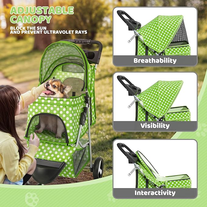Magshion 3-Wheel Pet Stroller, Foldable Travel Jogger for Small & Medium Dogs & Cats (Up to 33lbs), Lightweight Carrier with Breathable Mesh Cover, Cup Holder & Storage Basket, Lawn Green Polka Dots
