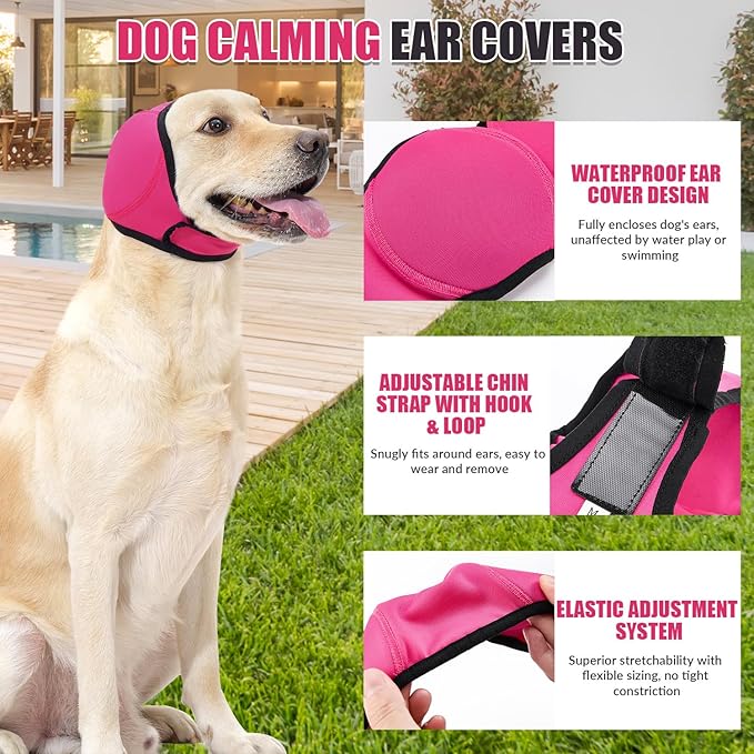 SlowTon Quiet Ears Dog Hoodie - 2 Pcs Ear Wrap Dog Ear Muffs Noise Protection, Anxiety Relief Dogs Hat Calming Hood Head Cover, Pet Headband Dogs Ear Protector for Grooming, Force Drying (Pink,M)