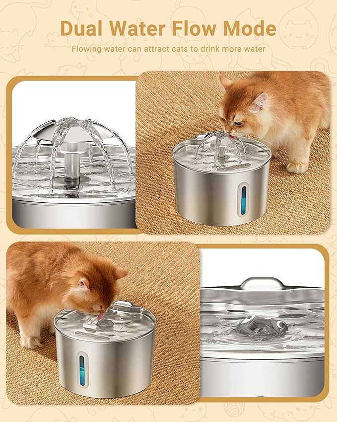 Cat Water Fountain Stainless Steel - 74oz/2.2L Corded Pet Water Dispenser Automatic Silent Cats Dispenser for Drinking Inside Indoor Metal Kitty Spout Fountain with 3 Filters & 3 Sponges