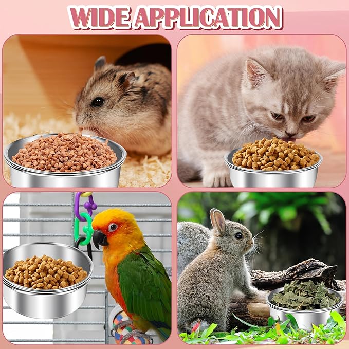 ToLanbbt 4 Pcs Stainless Steel Bird Food Bowls Water with Double Screws and Clamp Holders, Parrot Feeding Dish Cups Parrot Cage Coop Feeders for Cockatiel Conure Budgie Parakeet Macaw Small Animal, M