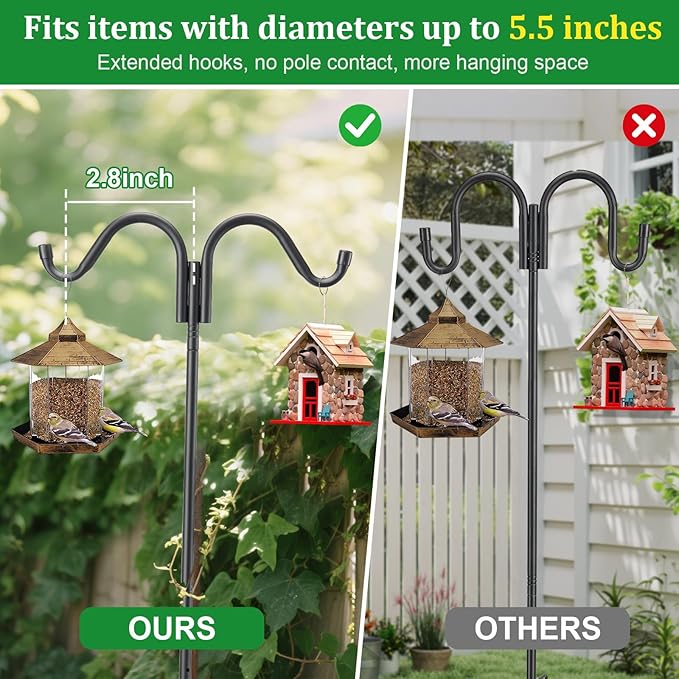Double Shepherds Hooks for Outdoor, 78 Inch Adjustable Bird Feed Pole with 5 Prongs Base, Heavy Duty Shepherds Hook for Bird Feeder, Bird House, Light Plant, Wind Chime, Hummingbird Feeder, Lantern