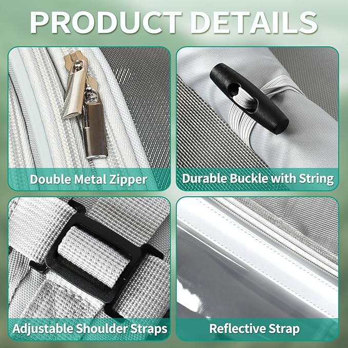 Bird Carrier Bag, Bird Travel Cage with Standing Perch and Indestructible Stainless Steel Mesh, Protable Transparent Breathable Carrier with Feeder Cups for Small Birds Parrot Parakeet, Grey