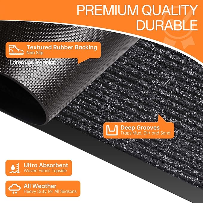 Indoor Outdoor Door Mat, 5' x 3' Doormat for Entryway, Rubber Backing Non Slip Front Door Mat Outside Entrance, Super Absorbent Commercial Floor Mat for Home Office, Black