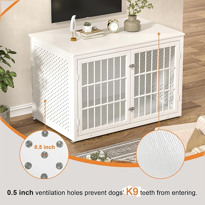 48" Heavy Duty Dog Crate Furniture for Large Dogs, Metal Cage for High Anxiety Dogs, Wooden Kennel Furniture Indoor, Decorative Dog Kennel End Table, XL,White