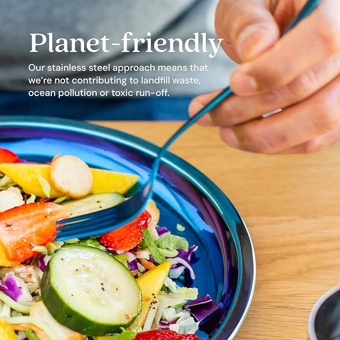 Ahimsa Stainless Steel Kids Utensils - Kids Fork and Spoon Set, Pediatrician Designed Toddler Utensils, 100% BPA Free & Dishwasher Safe (Iridescent Blue)