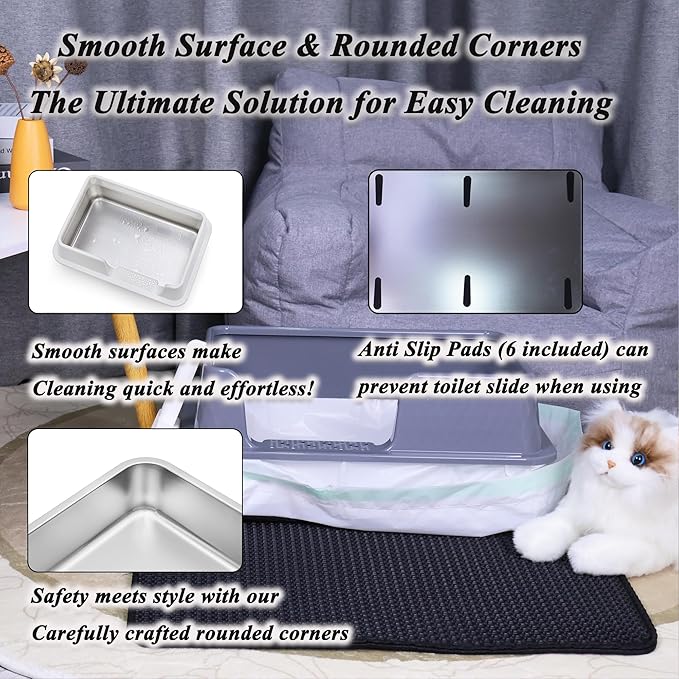 Suhaco Stainless Steel Litter Box Side Entry, Kitty Litter Mat and White Scoop Included Covered Metal High Sided Extra Large Cat Litter Box with Lid Removable Enclosure for Medium Cats (Tall Grey)