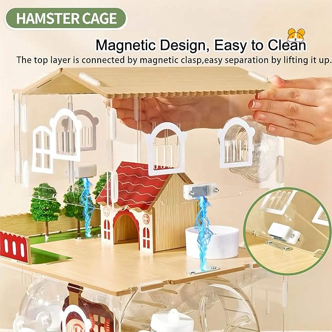 12 in 1 Clear Acrylic Hamster Cage with All Accessories,13.5''L*10''W*15''H Dwarf Hamster Cage,Magnetic Connection Small Hamster Enclosure,Wooden Mouse Cage for Pet Mice(2-Layer,Pink) Install Required