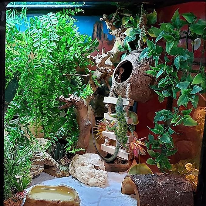 5PCS Coconut Hut for Gecko, Lizard Coco Den with Ladder and Reptile Hammock Bearded Dragon Tank Accessories Climbing Hanging Plants Jungle Vine Flexible Reptile Leaves Decor