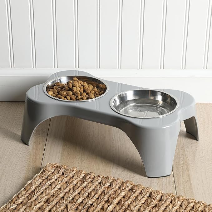 Gibson Home Bow Wow Meow 3-Piece Elevated Dog Bowl Set – Bone-Shaped Raised Feeder with 2 Stainless Steel Bowls for Medium to Large Dogs, Non-Slip, Easy to Clean, Grey