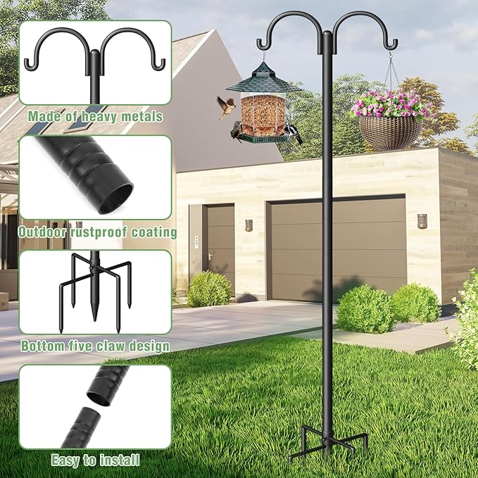 Double Shepherds Hooks for Outdoor, Heavy Duty Bird Feeder Pole with 5-Prong Base - Rust-Proof, Adjustable Bird Feeder Hanger for Garden, Wedding Decor & Hanging Plants