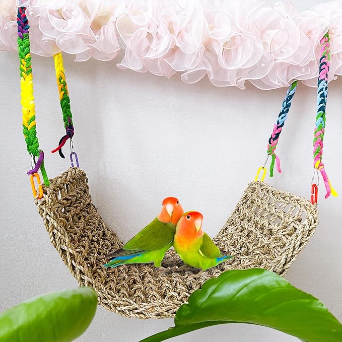 2Pcs Bird Seagrass Mat 20.5×8'' Natural Grass Woven Net Hammock Hanging on Cage Parakeet Climbing Rope Ladder Chew Toys for Lovebird Cockatiel Conure Budgie Cockatoo