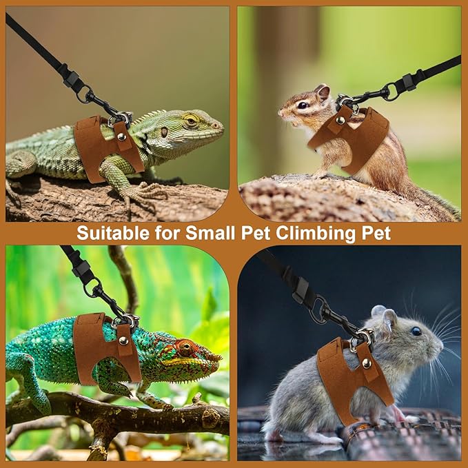 5 Pack Bearded Dragon Harness and Leash Set Bearded Dragon Leash with Retractable, 3 Size Adjustable Soft Leather Harness, Toy Bell Balls for Reptiles Squirrel Lizard Chinchilla