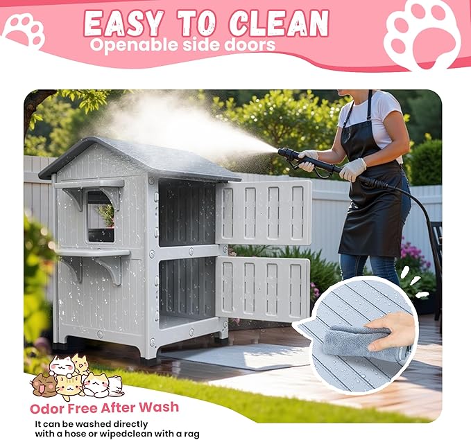 Plastic Outdoor Cat House - Cat House for Outside with Insulated Liner for Winter，100% Weatherproof Cat Houses for with Escape Door, Feral Cat Shelter for Porch Barns Strays