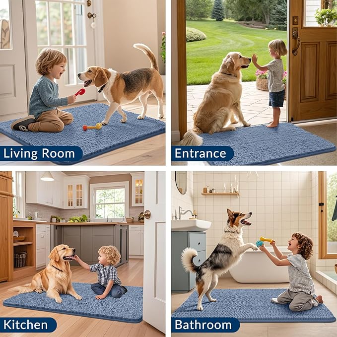 Smiry Dog Door Mat for Muddy Paws 30x20, Absorbs Moisture and Dirt Doormat, Non-Slip Washable Quick Dry Chenille Front Door Mat Indoor Entrance, Entryway Carpet for Inside Floor, Airy Blue