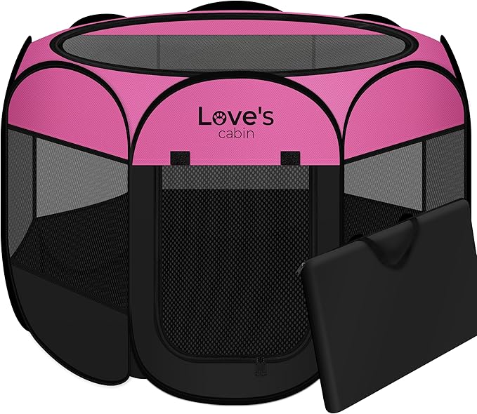 Love's cabin Pet Puppy Dog Playpen, Small Dog Tent Crates Cage Indoor/Outdoor, Portable Playpen for Cat, Foldable Pop Up Dog Kennel Playpen with Carring Case, Removable Zipper Top, Pink