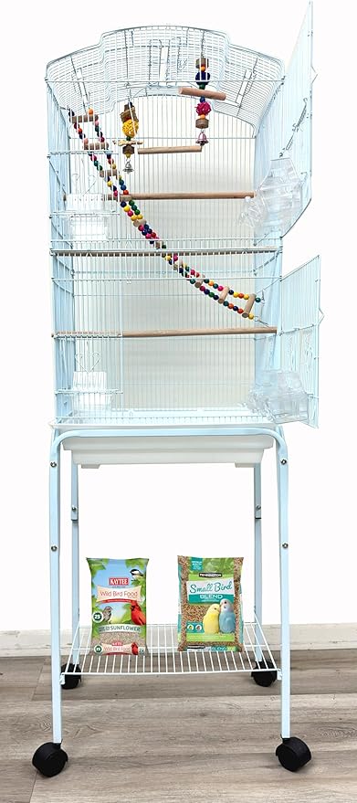 65-Inch Large Flight Bird Cage with Toys and 10-Step Play Ladder for Cockatiel Parakeet Finch Budgie Lovebird Canary Finch Pet Bird Cage with Rolling Stand (White with Toy)