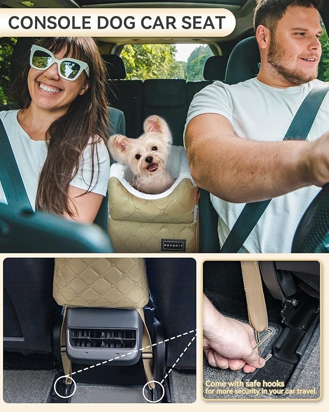 PETSFIT Dog Car Seats for Small Dogs with Safe Protection Hooks, Small Dog Car Seat with Upgraded Safety Tethers, Washable Cushion, Center Console Dog Car Seat (Yellow)