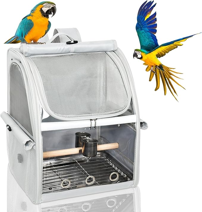 Bird Carrier Bag, Bird Travel Cage with Standing Perch and Indestructible Stainless Steel Mesh, Protable Transparent Breathable Carrier with Feeder Cups for Small Birds Parrot Parakeet, Grey