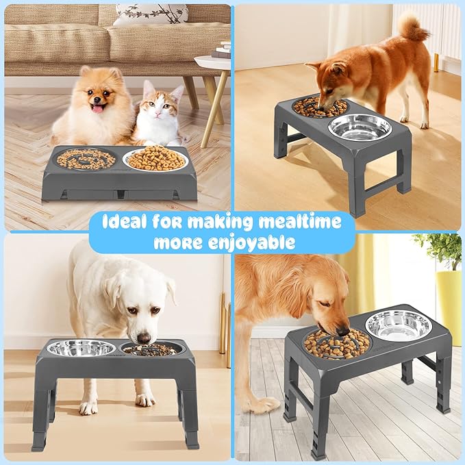 URPOWER Raised Slow Feeder Dog Bowls 4 Height Adjustable Elevated Bowl Stand with Stainless Steel Water Bowl and Slow Feeder Non-Slip Dog Food Bowls Stand for Small Medium Large Dogs and Pets
