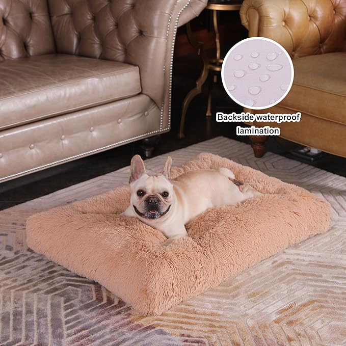 Bedfolks Plush Waterproof Dog Crate Bed, Removable Washable Cover, Faux Fur Pad for Medium Dogs, 29"x21", Camel