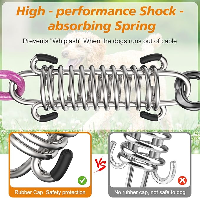 Tresbro 25 FT Dog Tie Out Cable with Spring, Shock Absorbing Tether Chains for Outside Aavilable in 10/15/20/25/30/40/50/70/100/120 FT, Heavy Duty Leads for Yard for Medium & Large Dogs Up to 500 LBS