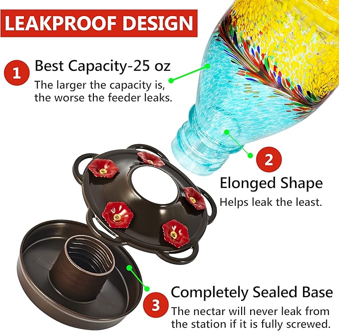 LUJII Hummingbird Feeders for Outdoors with Ant Proof, Handmade Blown Glass Hummingbird Feeder for Outside with S Hook, 25 fl.oz, Leak Proof, Multiple Functions Vase or Garden Decor, Blue Mixed Yellow