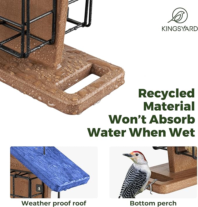 Kingsyard Recycled Plastic Double Suet Feeder with Rainproof Roof & Perch, Cage Suet Bird Feeders for Outdoors Hanging, Great for Woodpecker, Chickadee, Nuthatch (Green)