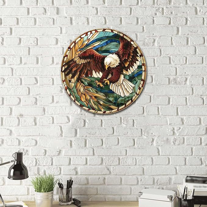 Lygond Metal Sign Tin Sign Circular Stained Glass Eagle Inspirational Wall Art for Garden 12×12 Inches